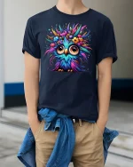 Colorful Owl T-Shirt Funny Cute Bird Tee - model wearing navy tee with hands in pockets