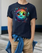 Cute Rainbow Monster T-Shirt - model wearing navy tee with hands in pockets