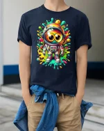 Colorful Astronaut T-Shirt Funny Cosmic Tee - model wearing navy tee with hands in pockets