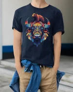 Colorful Buffalo and Bear T-Shirt - model wearing navy tee with hands in pockets