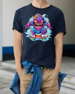 Funny Skateboard Monster T-Shirt - model wearing navy tee with hands in pockets