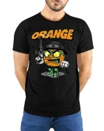Gangster Orange T-Shirt Funny Cool Fruit Tee - model wearing black tee with hands behind back