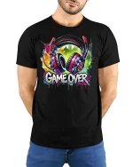 Game Over Headphones T-Shirt - model wearing black tee with hands behind back