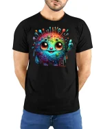Cute Rainbow Monster T-Shirt - model wearing black tee with hands behind back