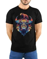 Colorful Buffalo and Bear T-Shirt - model wearing black tee with hands behind back