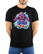 Funny Skateboard Monster T-Shirt - model wearing black tee with hands behind back