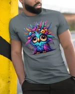 Colorful Owl T-Shirt Funny Cute Bird Tee - model wearing grey tee, leaning on column