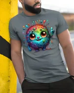 Cute Rainbow Monster T-Shirt - model wearing grey tee, leaning on column