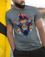 Colorful Buffalo and Bear T-Shirt - model wearing grey tee, leaning on column