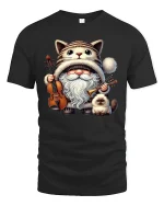 Cat Gnome Musician Graphic Tee for Cat Lovers - black t-shirt on white background
