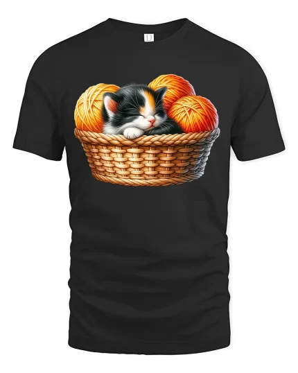 Cute Sleeping Kitten Basket Graphic Tee for Cat Fans - black t-shirt on white background