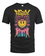 Trippy Smiley Face Lightning Graphic Tee for Vibes - black t-shirt on white background