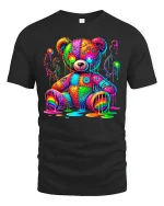 Psychedelic Rainbow Teddy Bear Graphic Tee Art Style - black t-shirt on white background