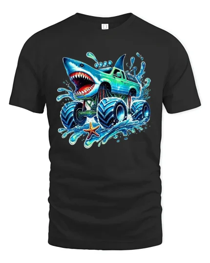 Shark Monster Truck Splash Graphic Tee for Kids - black t-shirt on white background