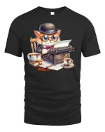 Funny Cat Writer Tee with Typewriter and Coffee Art - black t-shirt on white background