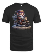 Cool Biker Gnome Tee for Motorcycle and Fantasy Fans - black t-shirt on white background