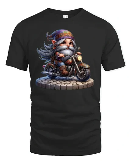 Cool Biker Gnome Tee for Motorcycle and Fantasy Fans - black t-shirt on white background