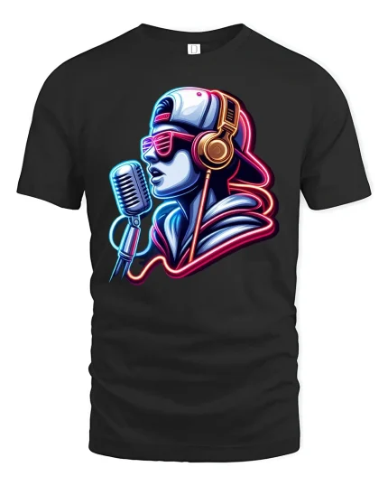 Neon Rapper Microphone Graphic Tee for Music Fans - black t-shirt on white background