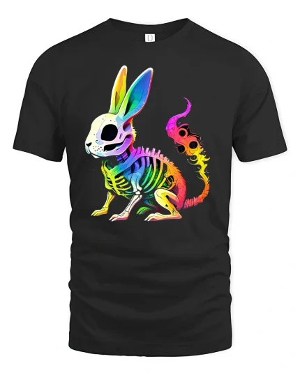 Neon Skeleton Bunny Graphic Tee for Bold Style - black t-shirt on white background