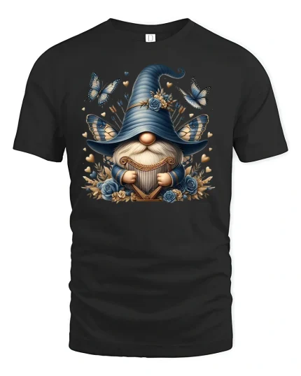 Blue Gnome Butterfly Fantasy Tee for Dreamy Souls - black t-shirt on white background