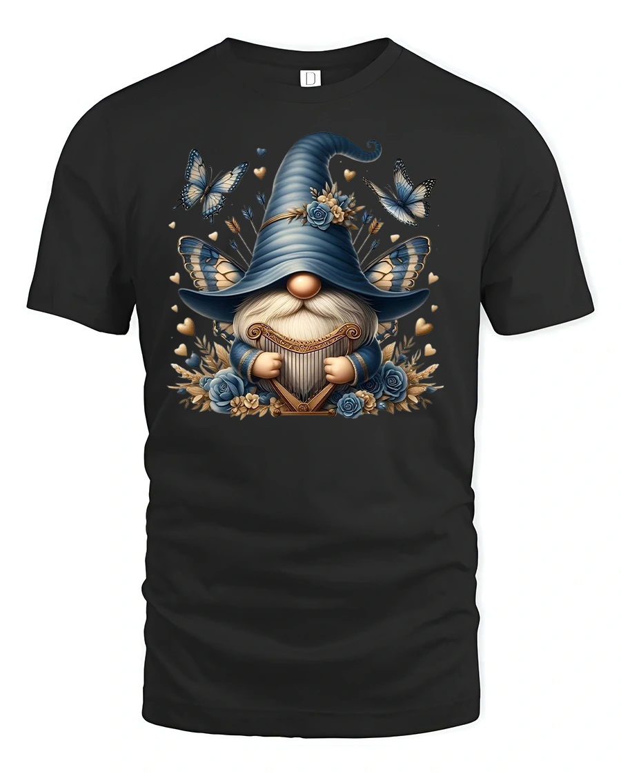 Blue Gnome Butterfly Fantasy Tee for Dreamy Souls - 1 Blue Gnome Butterfly Fantasy Tee for Dreamy Souls - black t-shirt on white background