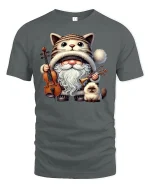 Cat Gnome Musician Graphic Tee for Cat Lovers - gray t-shirt on white background