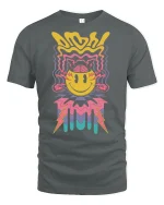 Trippy Smiley Face Lightning Graphic Tee for Vibes - gray t-shirt on white background