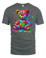 Psychedelic Rainbow Teddy Bear Graphic Tee Art Style - gray t-shirt on white background