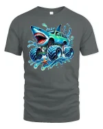Shark Monster Truck Splash Graphic Tee for Kids - gray t-shirt on white background