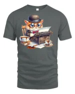 Funny Cat Writer Tee with Typewriter and Coffee Art - gray t-shirt on white background