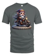 Cool Biker Gnome Tee for Motorcycle and Fantasy Fans - gray t-shirt on white background