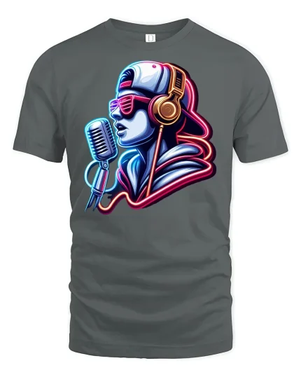 Neon Rapper Microphone Graphic Tee for Music Fans - gray t-shirt on white background