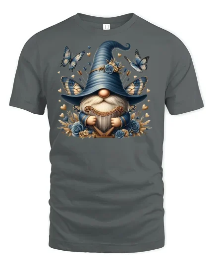 Blue Gnome Butterfly Fantasy Tee for Dreamy Souls - gray t-shirt on white background