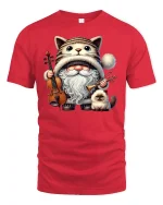 Cat Gnome Musician Graphic Tee for Cat Lovers - red t-shirt on white background