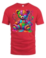 Psychedelic Rainbow Teddy Bear Graphic Tee Art Style - red t-shirt on white background
