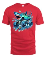 Shark Monster Truck Splash Graphic Tee for Kids - red t-shirt on white background
