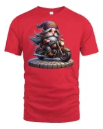 Cool Biker Gnome Tee for Motorcycle and Fantasy Fans - red t-shirt on white background