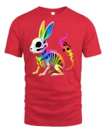Neon Skeleton Bunny Graphic Tee for Bold Style - red t-shirt on white background