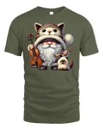 Cat Gnome Musician Graphic Tee for Cat Lovers - military green t-shirt on white background
