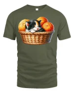 Cute Sleeping Kitten Basket Graphic Tee for Cat Fans - military green t-shirt on white background