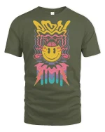 Trippy Smiley Face Lightning Graphic Tee for Vibes - military green t-shirt on white background