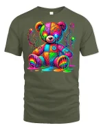 Psychedelic Rainbow Teddy Bear Graphic Tee Art Style - military green t-shirt on white background