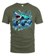 Shark Monster Truck Splash Graphic Tee for Kids - military green t-shirt on white background