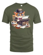 Funny Cat Writer Tee with Typewriter and Coffee Art - military green t-shirt on white background