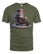 Cool Biker Gnome Tee for Motorcycle and Fantasy Fans - military green t-shirt on white background