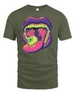 Trippy Eyeball Mouth Graphic Tee for Bold Souls - military green t-shirt on white background