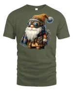 Steampunk Gnome Tee with Goggles and Gear Design - military green t-shirt on white background
