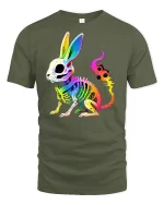 Neon Skeleton Bunny Graphic Tee for Bold Style - military green t-shirt on white background