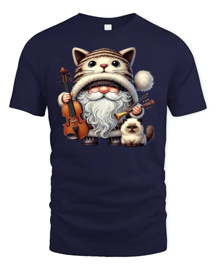 Cat Gnome Musician Graphic Tee for Cat Lovers - navy t-shirt on white background