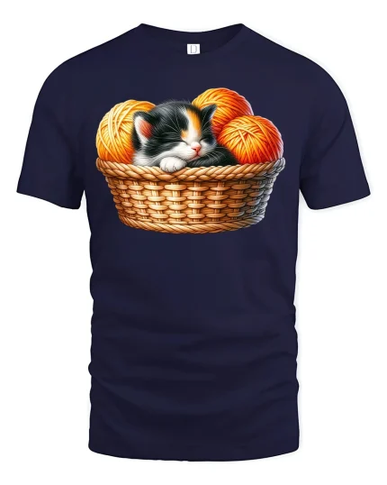 Cute Sleeping Kitten Basket Graphic Tee for Cat Fans - navy t-shirt on white background